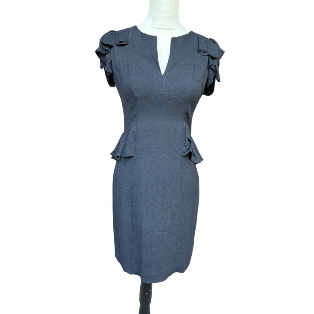 Rebecca Taylor Black Daria Peplum V Neck Fluttler Sleeve Mini Dress - 4 - Picture 2 of 8